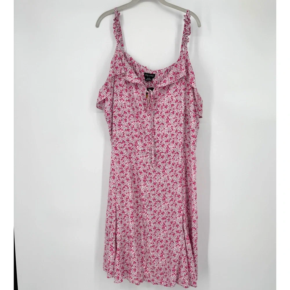 NWT City Chic Pink Foolish Ditsy Floral Ruffle Strap Tie Front Dress sz 24W - Picture 2 of 12